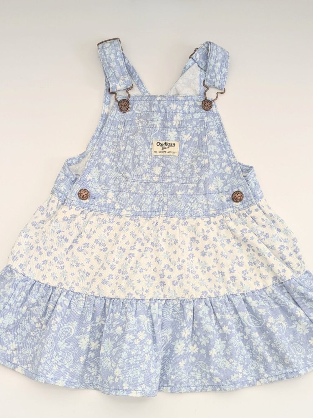 OshKosh B'gosh Girls (Size 3) Blue & White Floral Tiered Bib/Overall-Style Dress